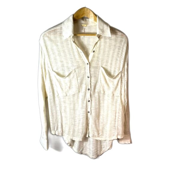 Free People Beach Ivory Textured Gauze Long Sleeve Button Up Shirt Size S - Picture 2 of 14